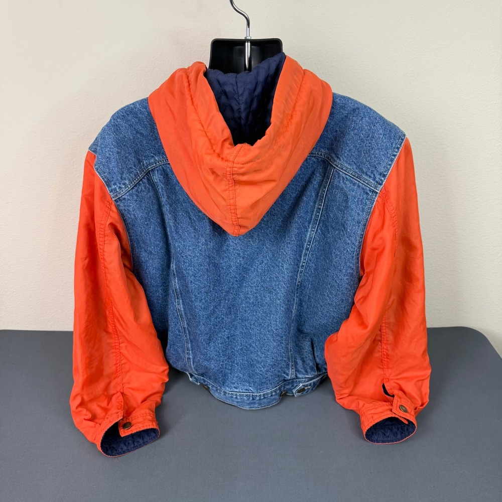 Vintage 90 GAP Denim Orange Nylon Jean Trucker Jacket Hooded Lined Adult M Drake - Picture 5 of 5
